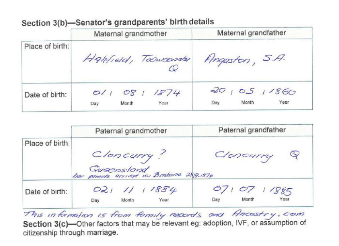 Senator Ian Macdonald's citizenship form, showing birth dates of his maternal and paternal grandparents.