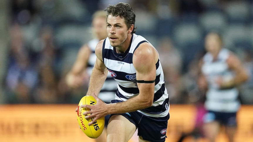 A Geelong Cats AFL player holds the ball in two hands as he prepares to kick to a teammate.