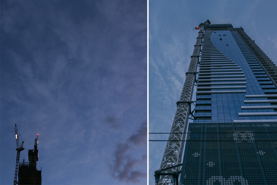 Two cranes in Melbourne before sunrise