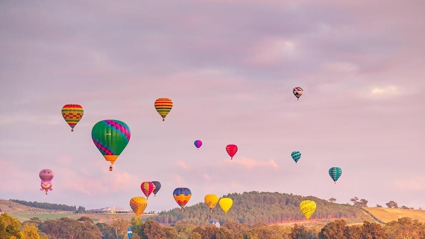 Colourful hot air balloons fly over Lake Burley Griffin in Canberra.