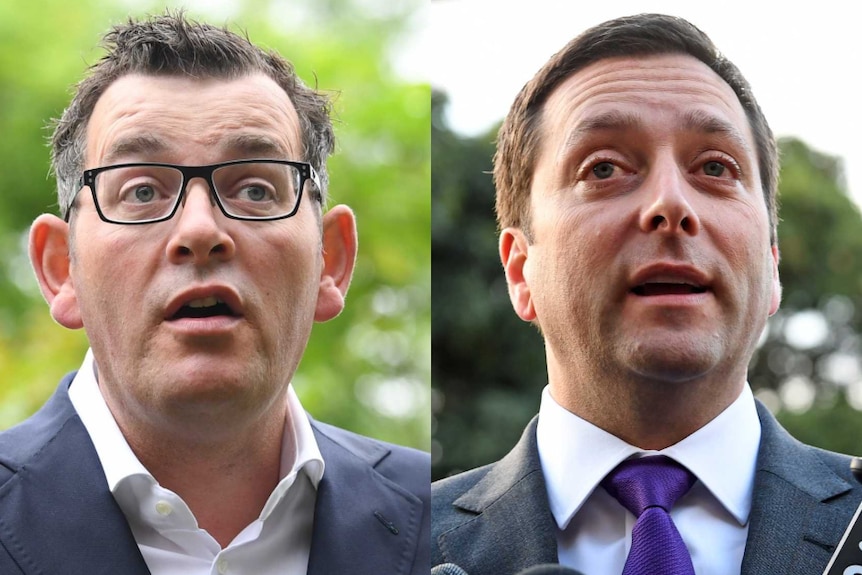 Daniel Andrews and Matthew Guy speak at press conferences.