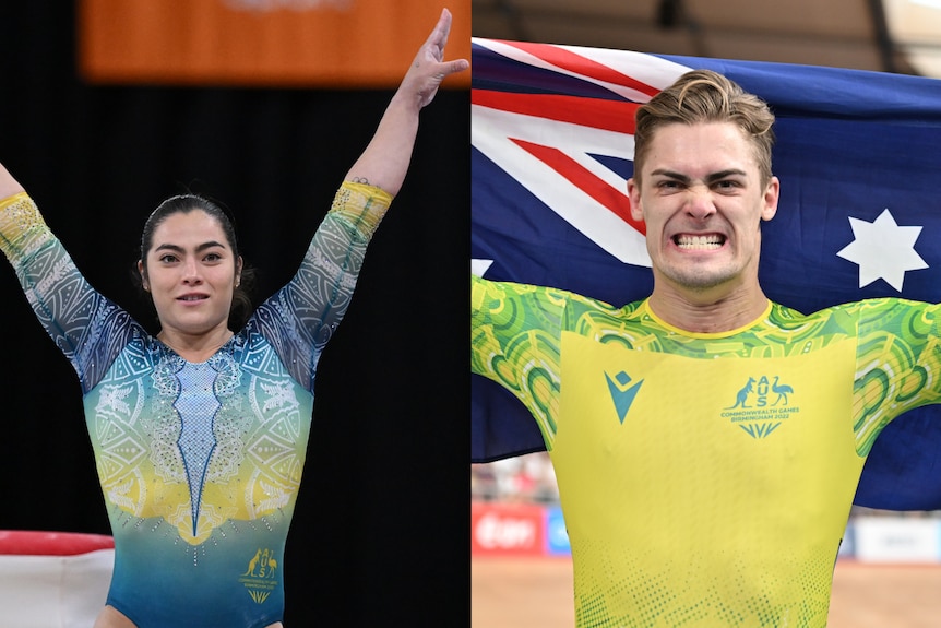 Two athletes wearing green and yellow hold their arms out wide in celebration