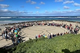 Hundreds of people form a circle around an image of a whale tale made of seaweed on the beach