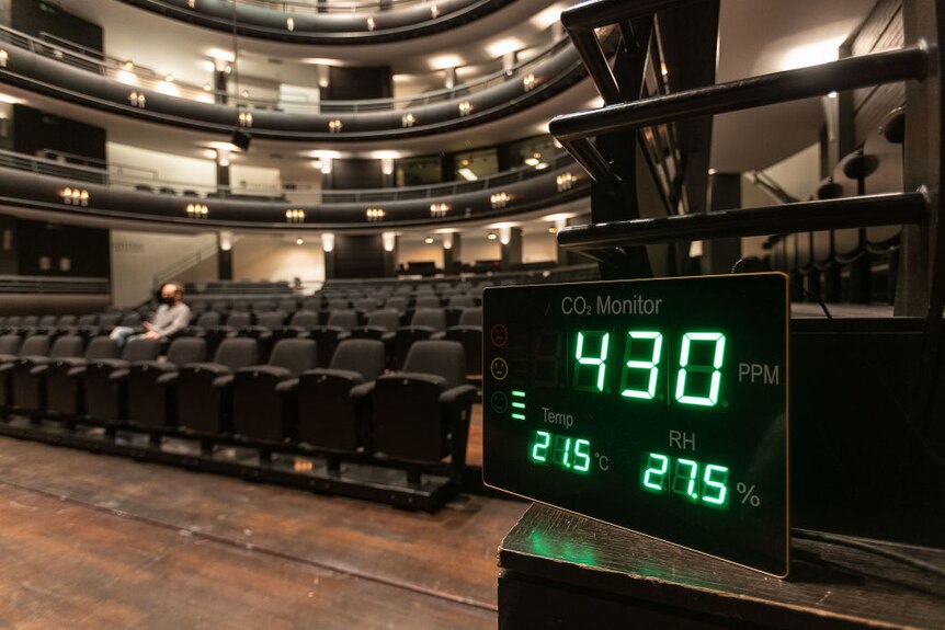 A CO2 monitor displaying a low reading in a theatre