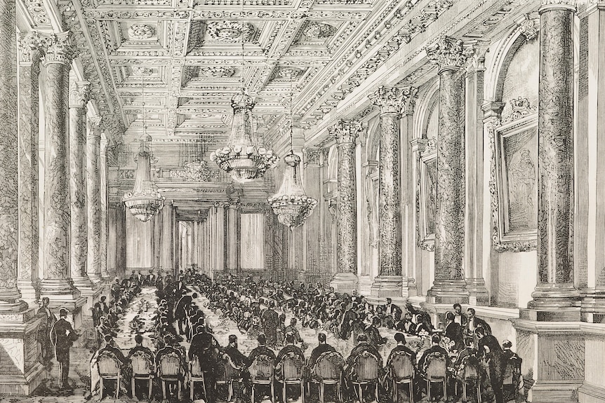 An historical depiction of Goldsmiths' Hall in London, from 1884. There are two big chandeliers and men seated in a rectangle