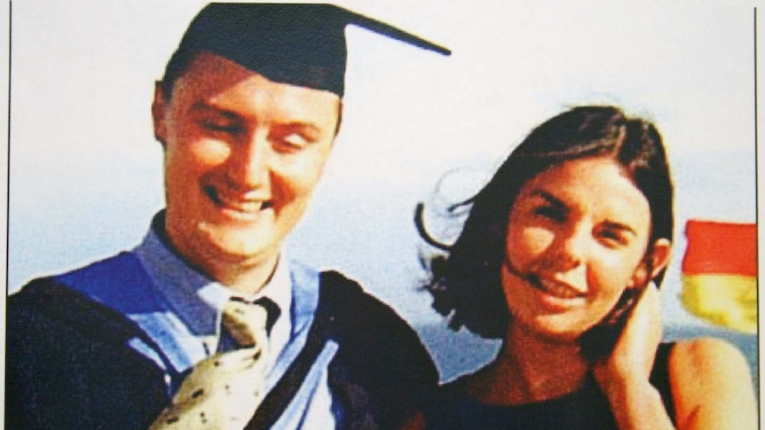 Old picture of Peter Falconio (left) at his graduation with girlfriend Joanne Lees (right)