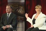 Tasmanian Liberal Leader Will Hodgman and Premier Lara Giddings on stage during a televised debate.