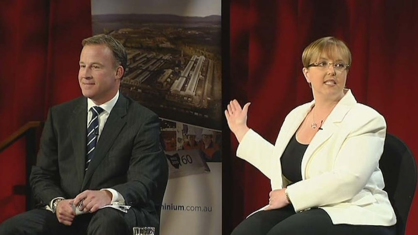 Tasmanian Liberal Leader Will Hodgman and Premier Lara Giddings on stage during a televised debate.
