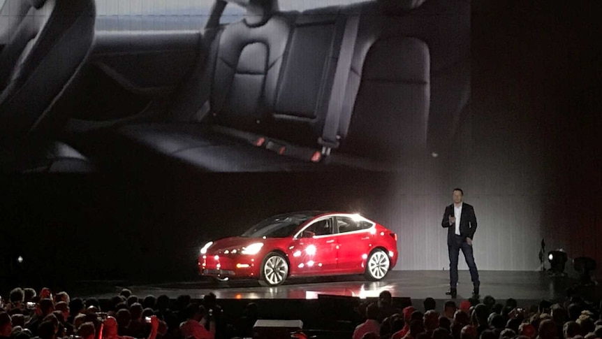 Elon Musk shows Tesla car.