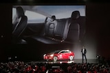 Elon Musk shows Tesla car.