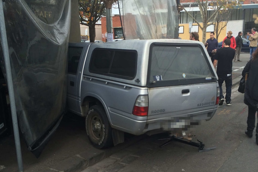 The ute ended up in the window of the Paragon Cafe.