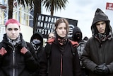 Syd Zygier as Maeve, Lily Sullivan as Petra and Tsyan Towney as Danny dress as rebels in a promo image