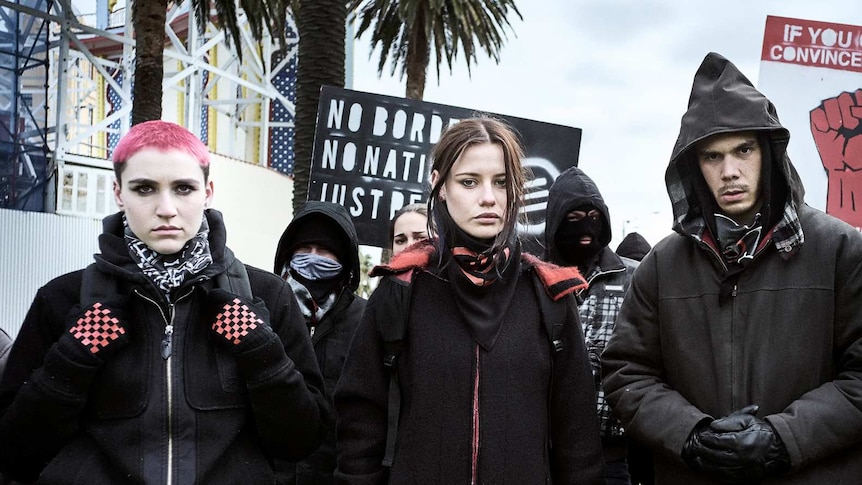 Syd Zygier as Maeve, Lily Sullivan as Petra and Tsyan Towney as Danny dress as rebels in a promo image