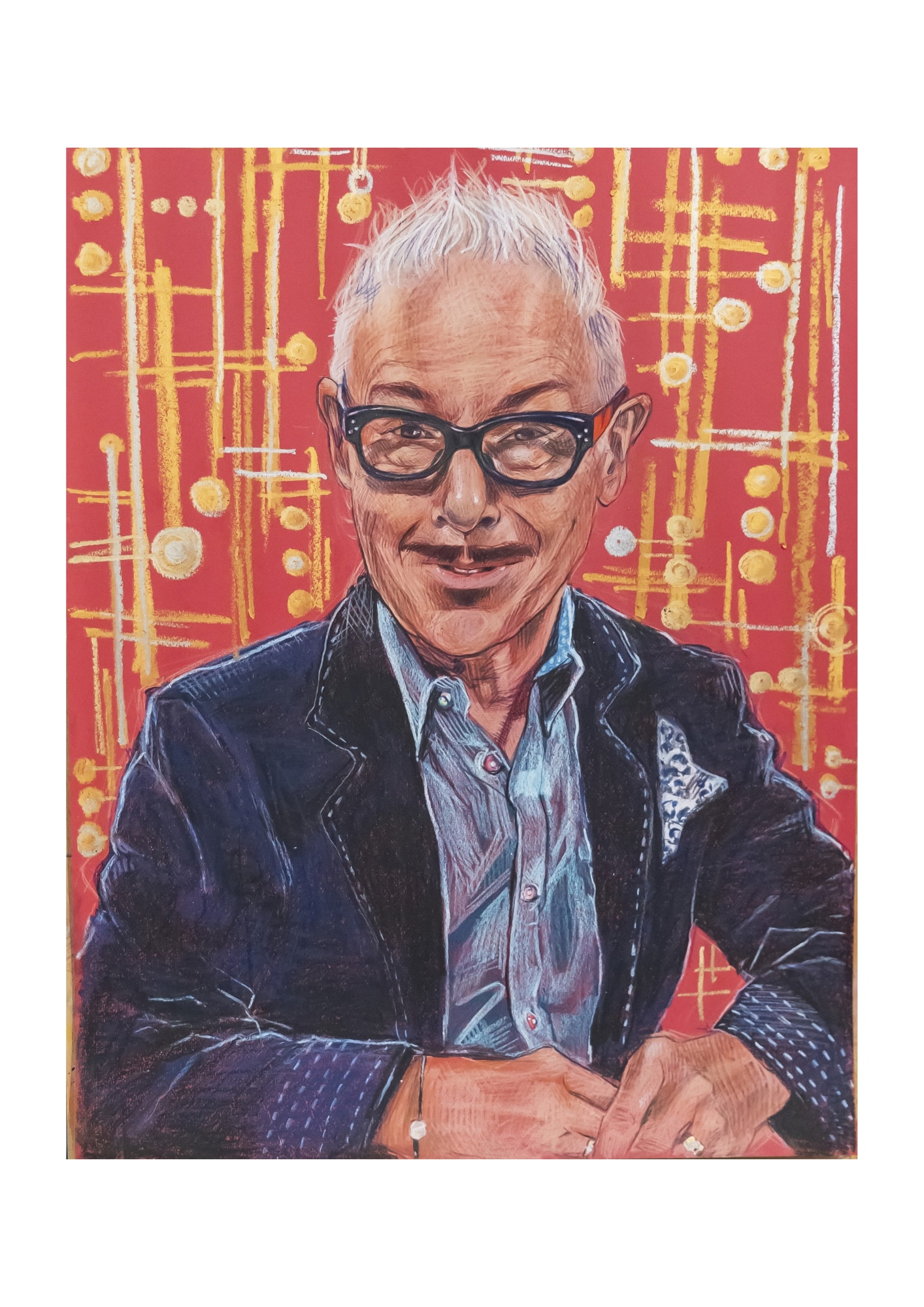 Bright pencil portrait of Kirk Pengilly in glasses and jacket, with saxophone keys making up the background