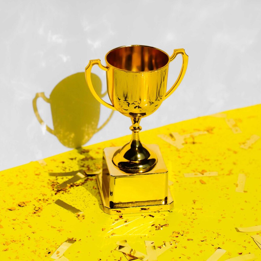 Gold trophy mounted on gold surface.