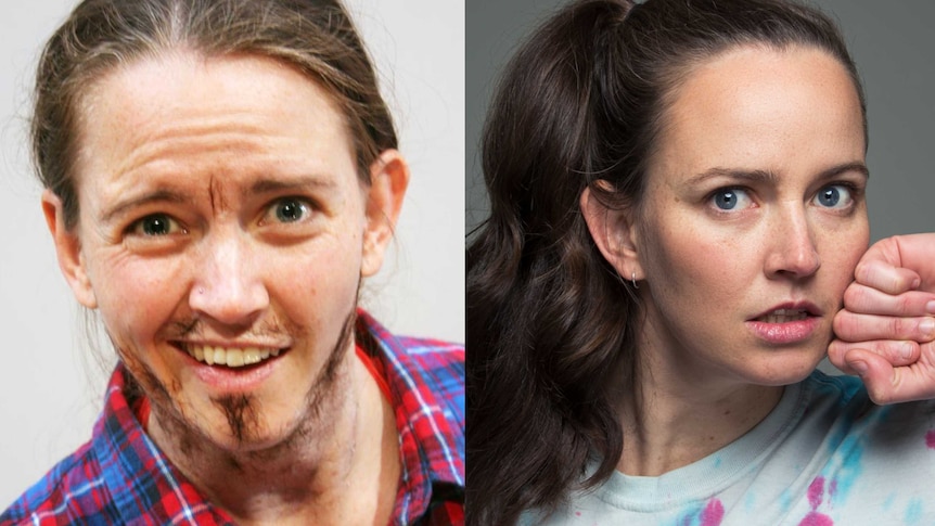 Two images of the comedian Zoë Coombs Marr, one where is playing a character called Dave and one where's just herself