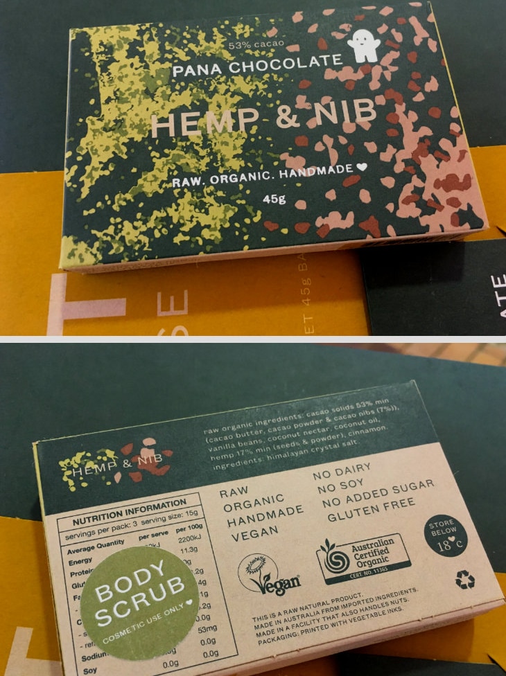 Hemp & Nib chocolate packet from Pana Chocolate.