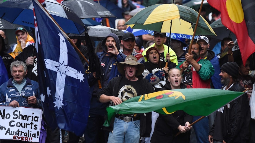 Protesters holding flags are seen at a Reclaim Australia Rally