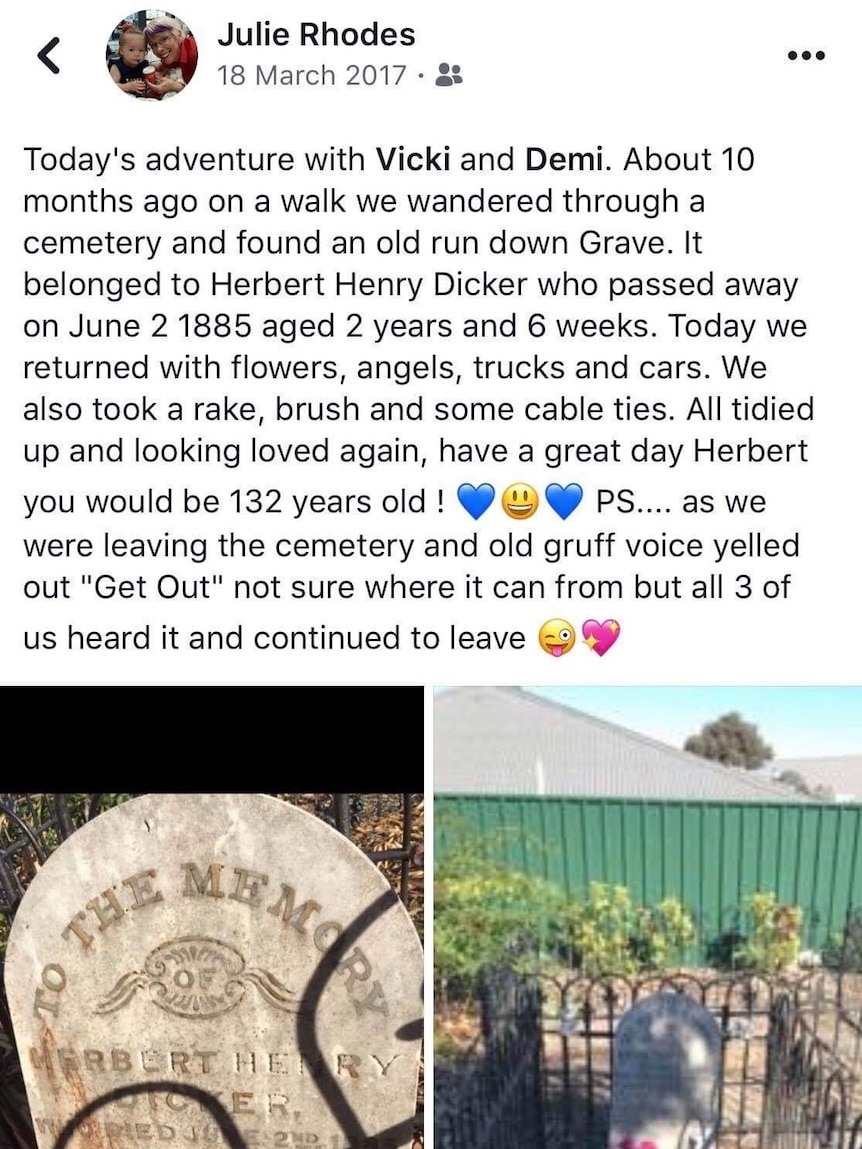 A Facebook post with two pictures of a grave