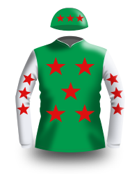 Green, white and red jockey silks.