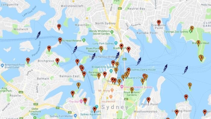 Peta pesta kembang api di Sydney
