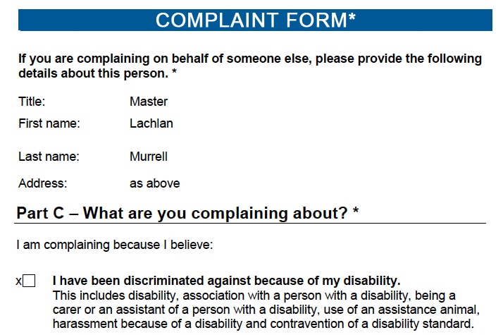 An extract from Emily Dive's complaint to the Human Rights Commission about Lachlan Murrell's treatment