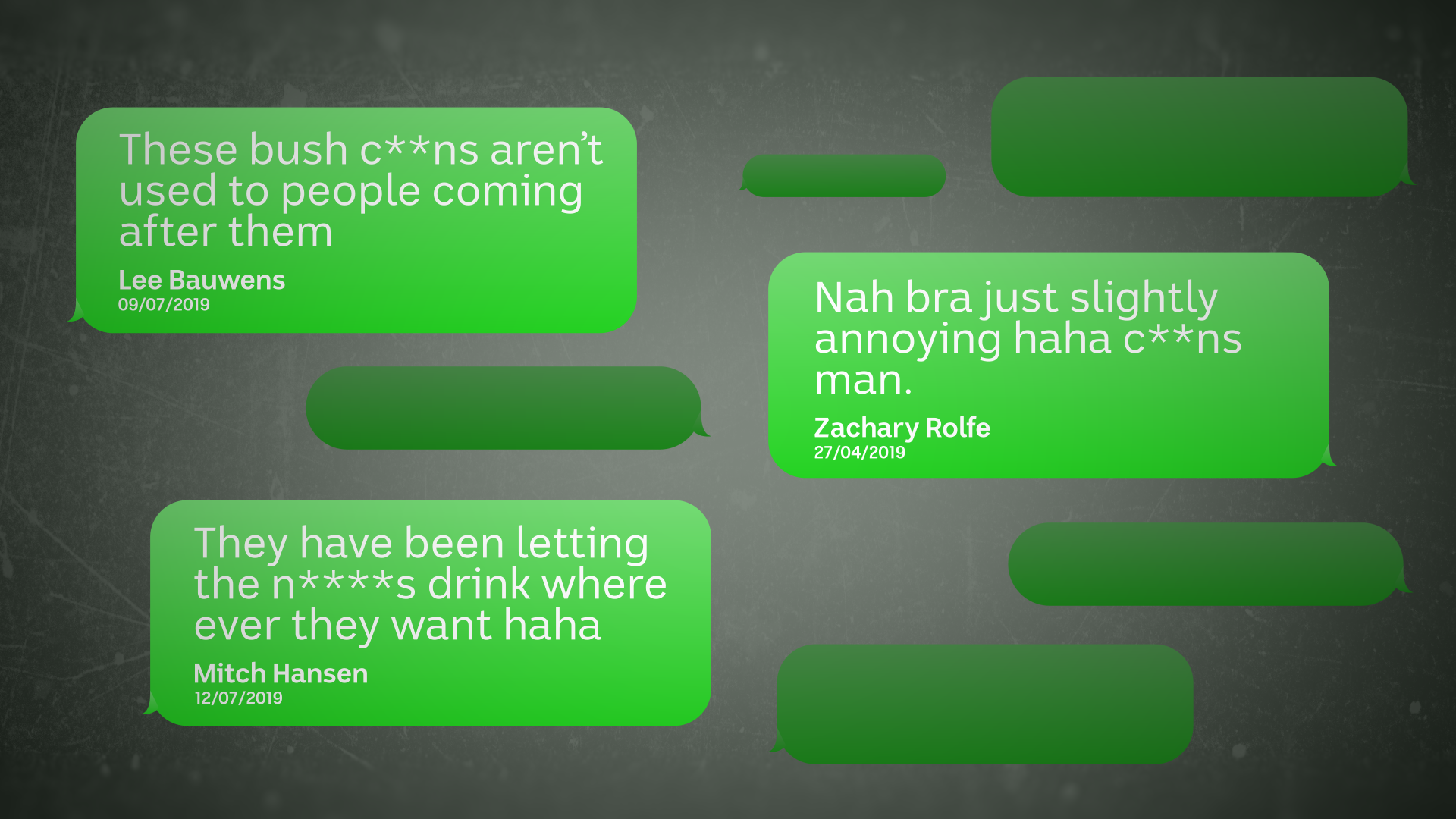 A graphic showing several racist text messages sent by a group of NT Police officers. 