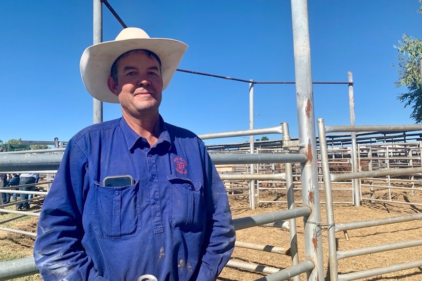 grazier clayton curly stands in front of cattle yards wearing a blue long sleeve shirt and white cowboy hat