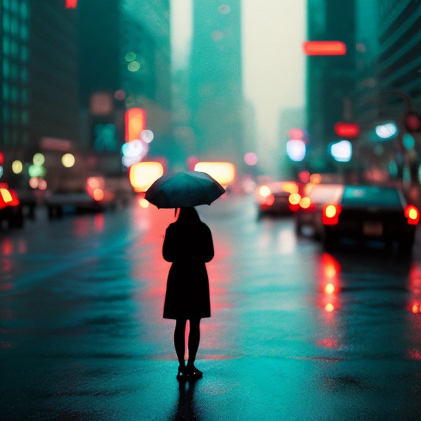 A woman in silhouette against a rainy city street