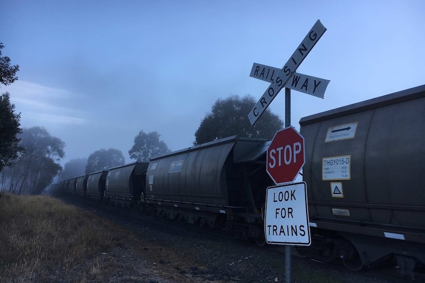 Freight train passing a level crossing without boom gates with a stop sign below a rail crossing sign. Overcast conditions.