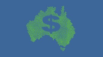 A map of Australia comprised of green dots, with gaps in the dots forming a dollar sign