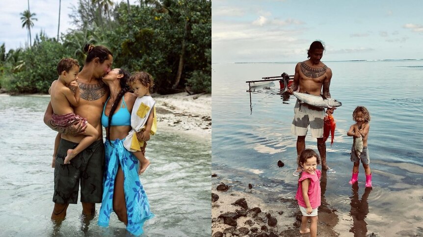 Parents stand with two young children in water kissing. Dad on beach with two children holding fresh caught fish. 