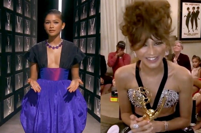 Composite of Zendaya presenting at the Emmys and accepting an Emmy award.