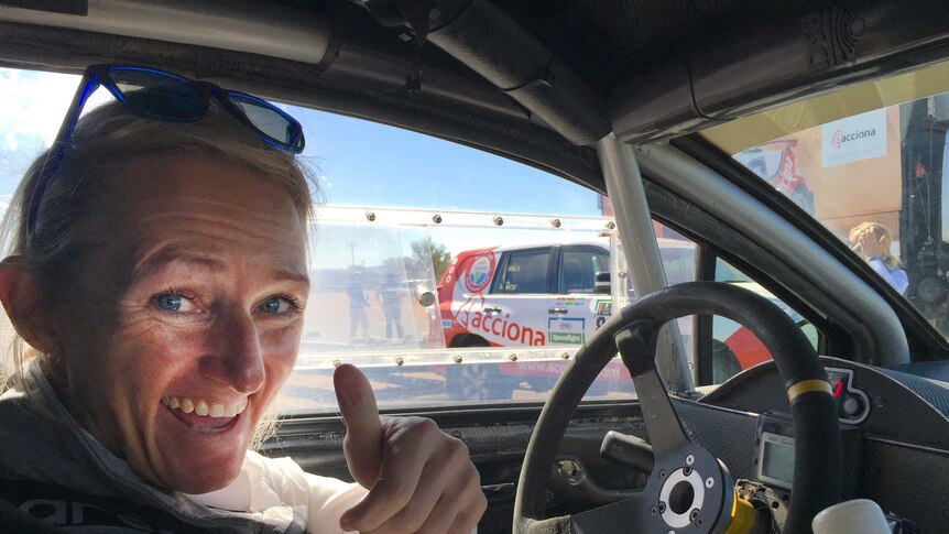 Andrea Peterhansel inside the electric car, the first ever to compete in the Finke Desert Race