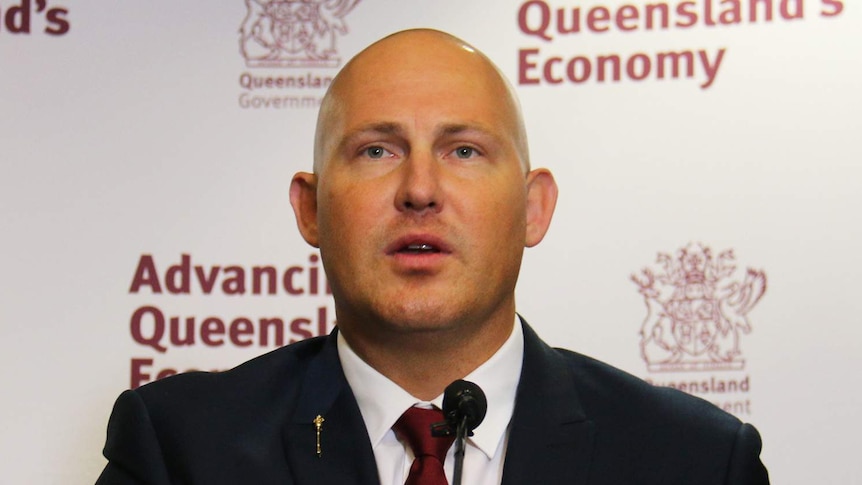 Former treasurer Curtis Pitt speaks to the media at a podium in the Queensland budget lock-up.