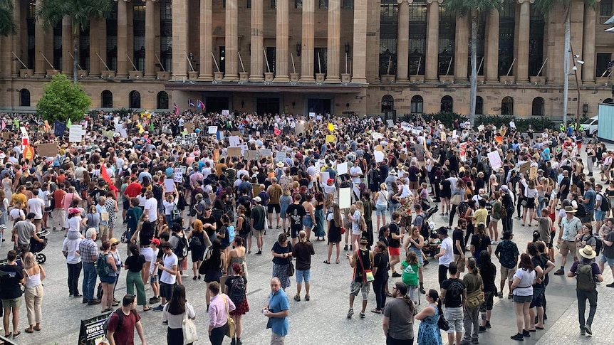 Hundreds of protesters at Brisbane climate rally in King George Square on January 10, 2020.