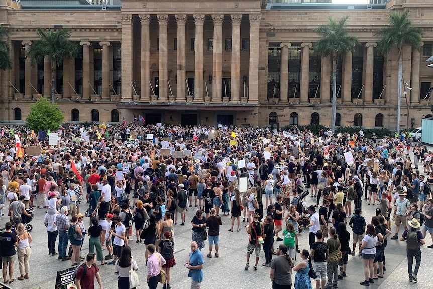 Hundreds of protesters at Brisbane climate rally in King George Square on January 10, 2020.