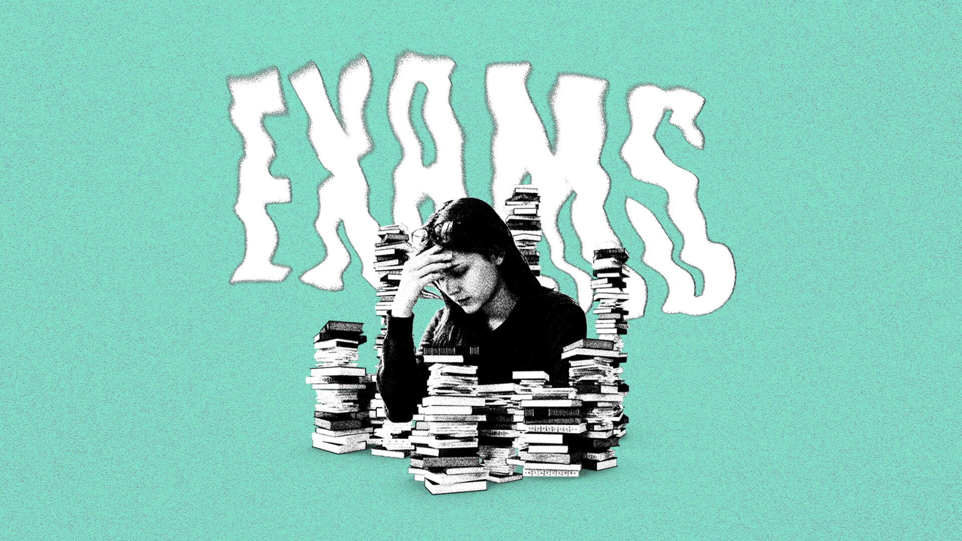 Isolated graphic of a student sitting surrounded by piles of books in front of the word "Exams". 
