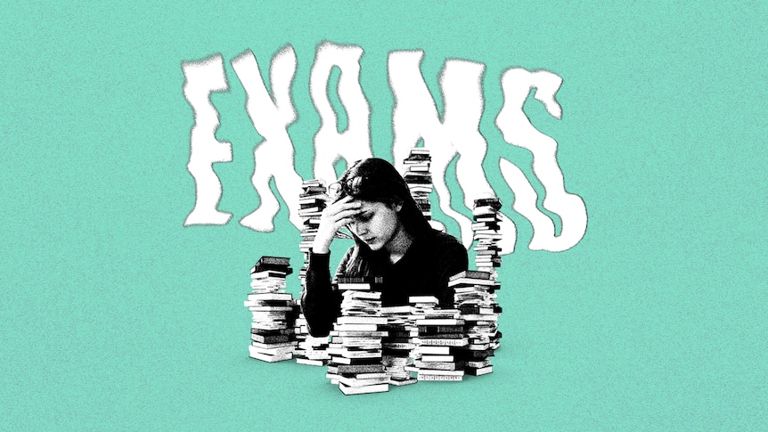 Isolated graphic of a student sitting surrounded by piles of books in front of the word "Exams". 