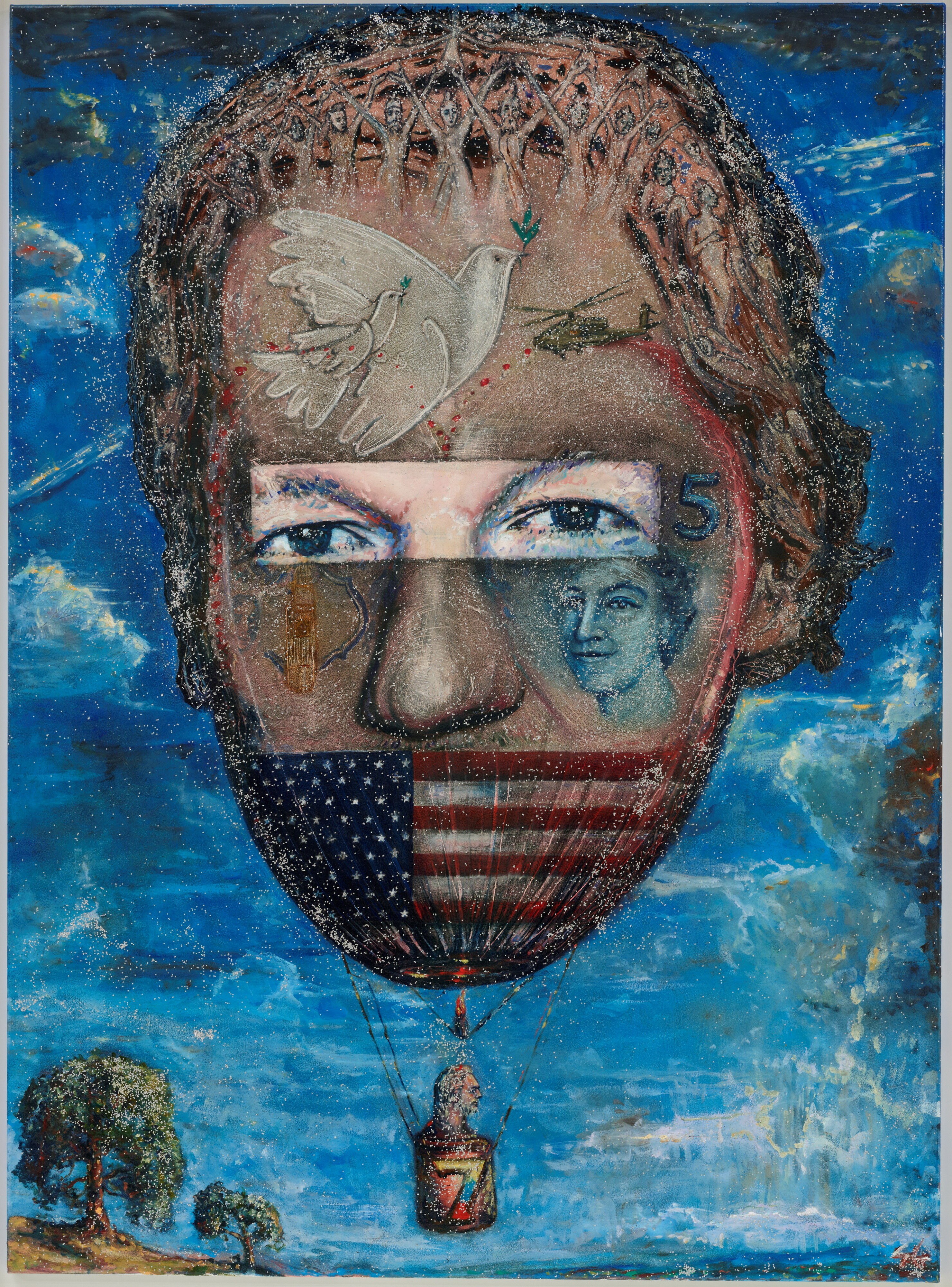 A portrait of Julian Assange, depicted as a hot air baloon with a dove, an Australian $5 note and the US flag across his face.