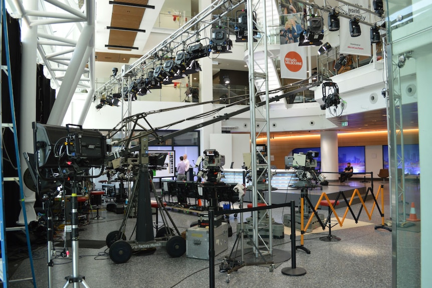 Wide shot election set, cameras and lighting grid set up in ABC foyer.