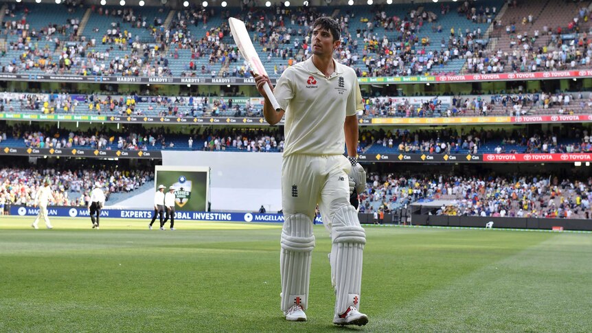 England's Alastair Cook walks off at stumps after making 100 against Australia on day two at MCG.