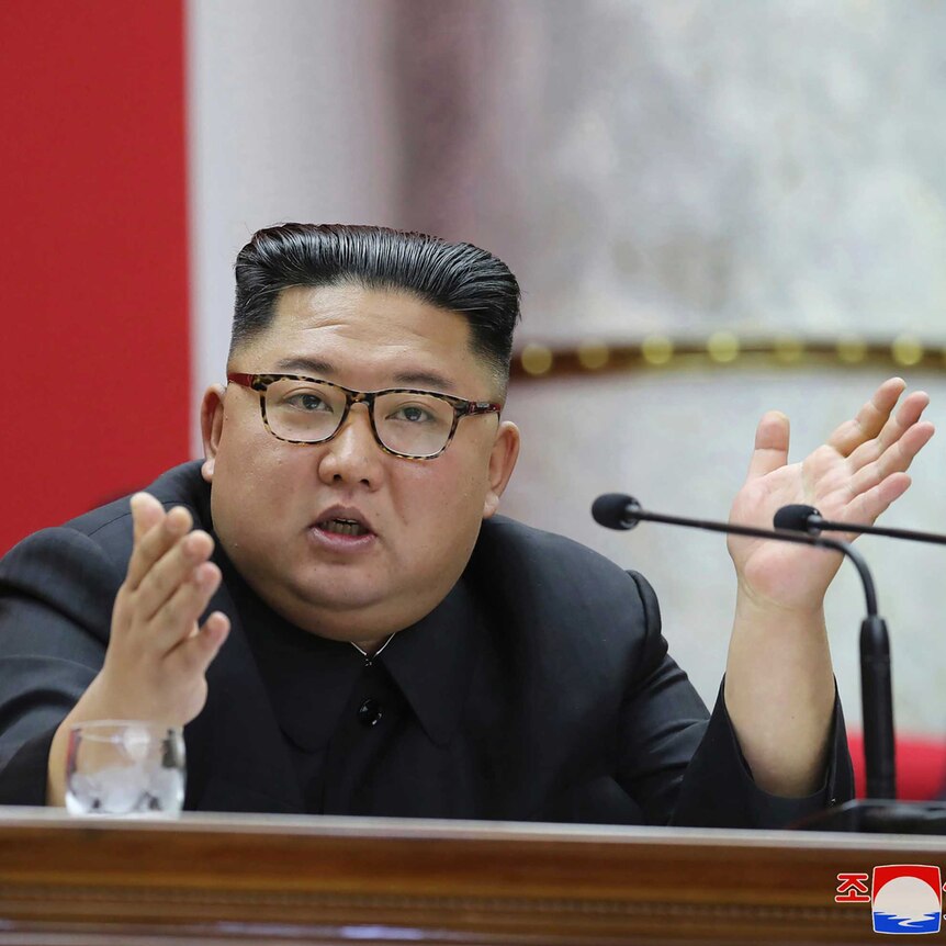 Kim Jong-un sits in front of two mircophones with slicked back hair and gestures, wearing tortoiseshell glasses.