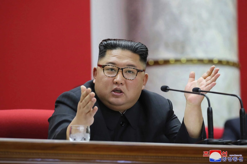 Kim Jong-un sits in front of two microphones with slicked back hair and gestures, wearing tortoiseshell glasses.