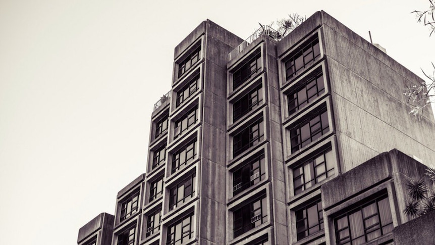 The raw concrete of the Sirius building.