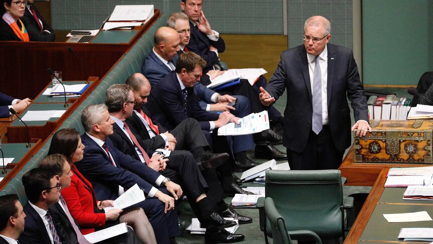Scott Morrison in Question Time talks towards 11 members of his front bench which contains only 1 woman