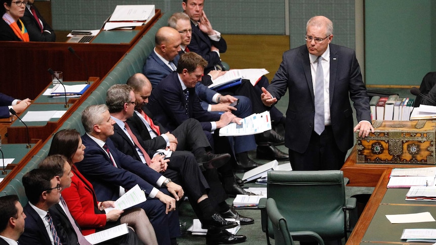 Scott Morrison in Question Time talks towards 11 members of his front bench which contains only 1 woman