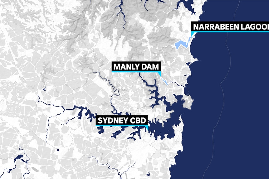 A map displays the location of Narrabeen, north of Sydney and Manly Dam further south on the northern beaches of Sydney.