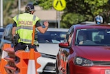 Police check a motorist at the Queensland road border.