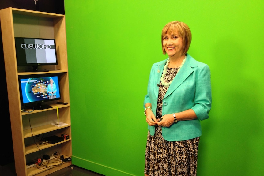 Jenny Woodward in front of the green screen in 2014.